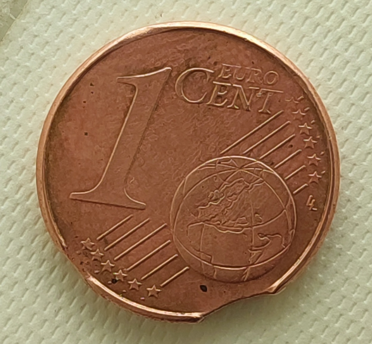 1-Euro-Cent-2007-J-Germany---2x-Clipped-Planchet-From-Circulation